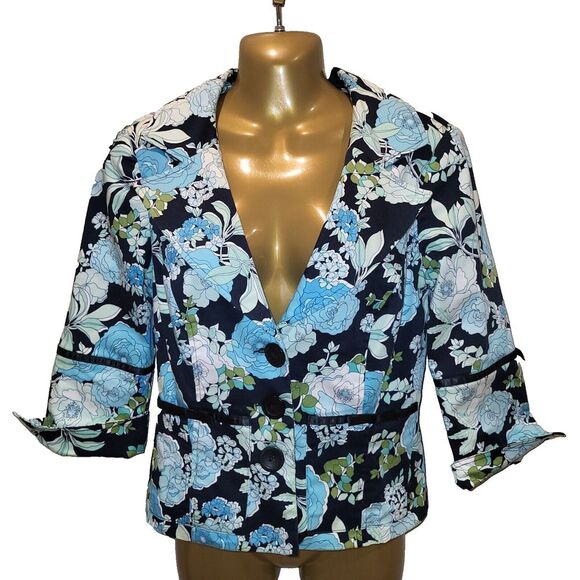 Vintage 90s Rampage Medium Blue Floral Blazer Fitted Cropped 3 Button Jacket - Picture 5 of 16